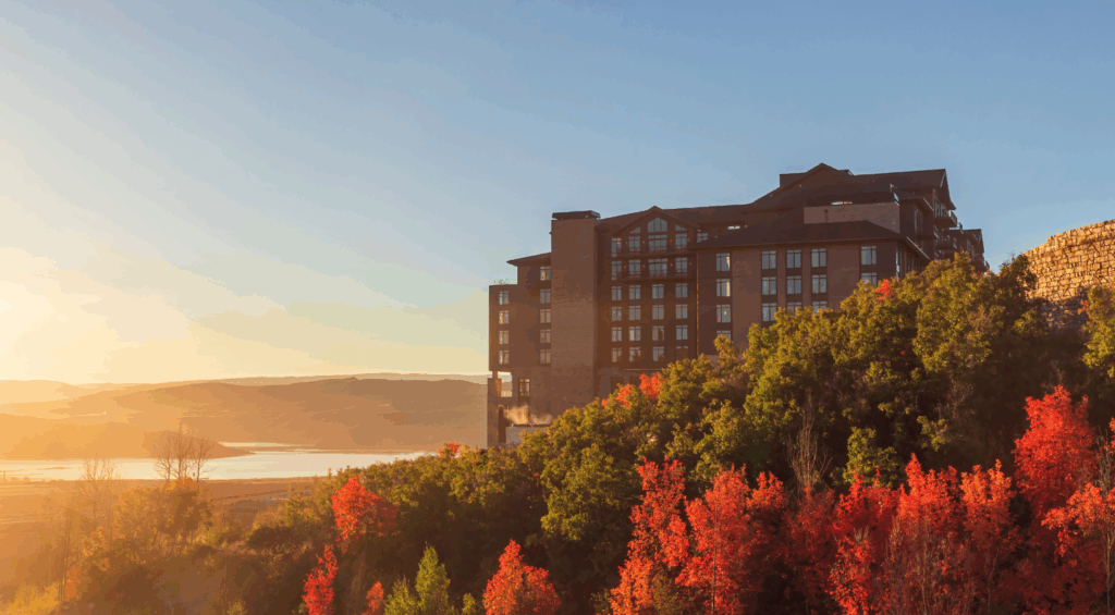 Sunset view of the Deer Valley Exchange Events venue overlooking mountains and colorful fall foliage.