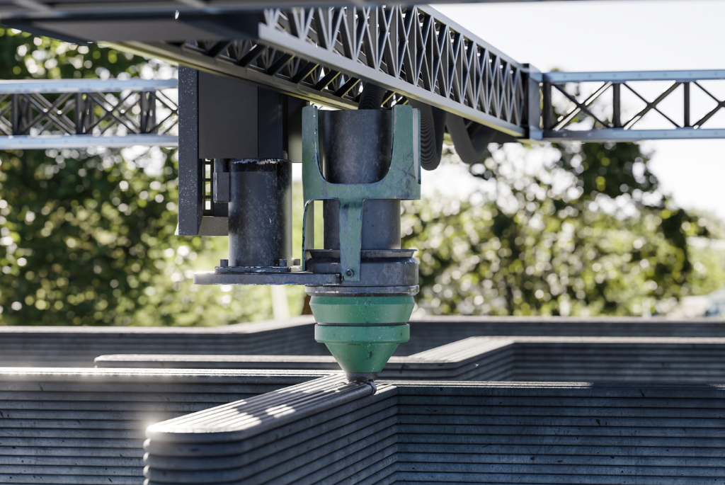 Large-scale 3D printer constructing concrete wall layers for a single-family home, demonstrating automated residential construction technology.