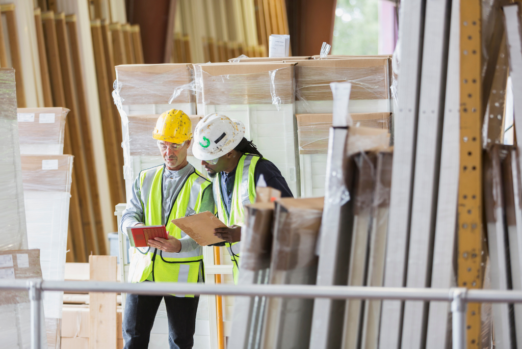 Construction workers reviewing material inventory on-site in a warehouse
