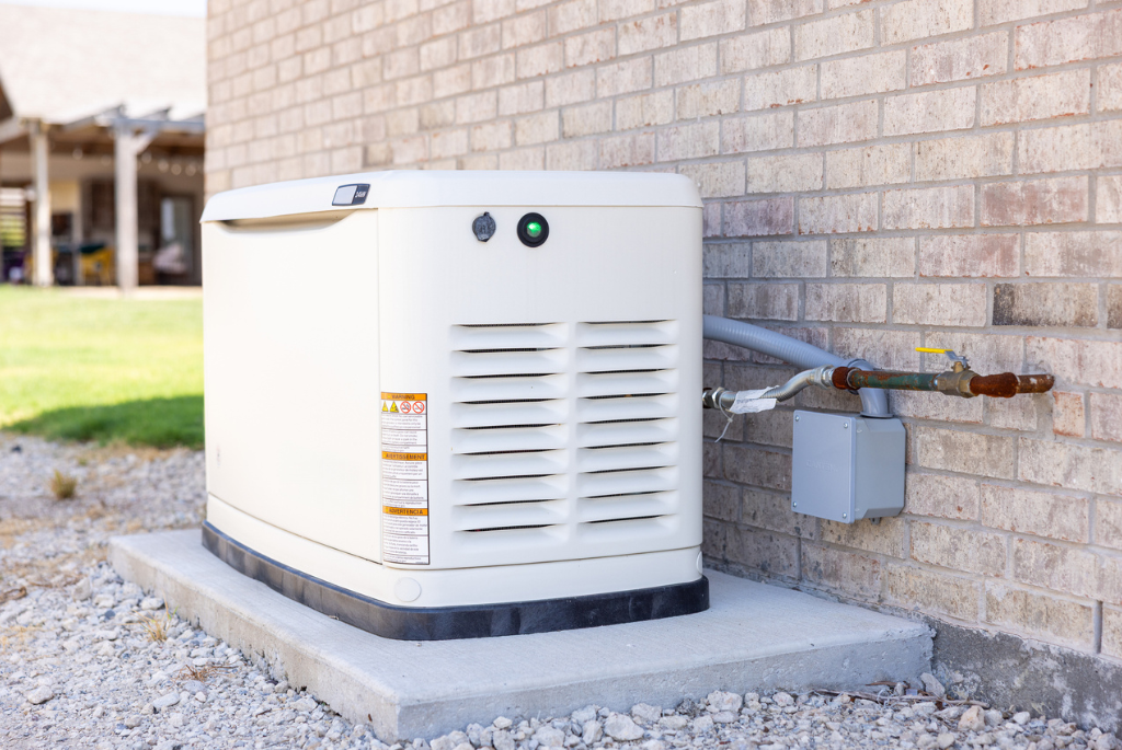 Whole-home standby generator installed beside a single-family house to provide automatic backup power during outages.