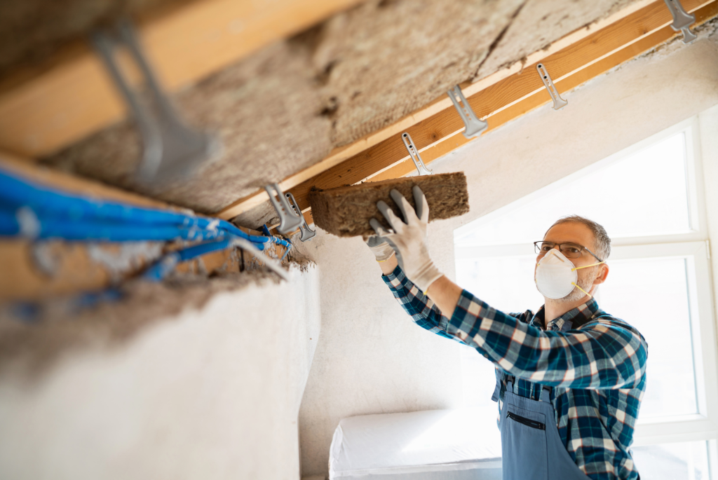 Installer placing bio-based natural fiber insulation between ceiling joists to improve energy efficiency and reduce environmental impact in residential construction.