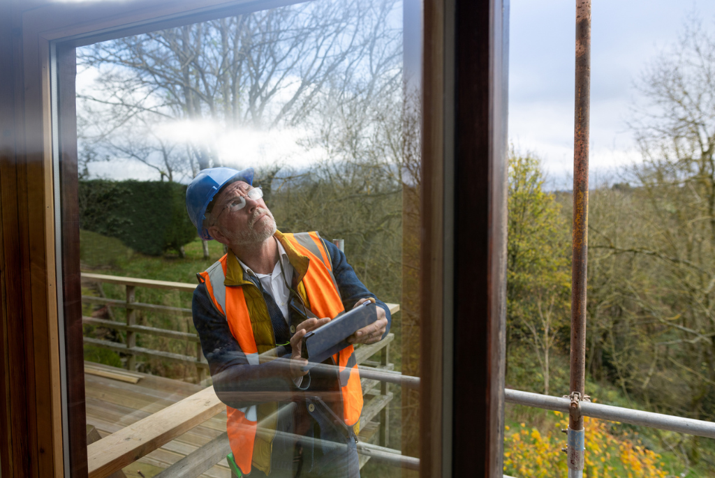 Construction inspector using a tablet to conduct a digital inspection on a multifamily building, supporting faster approvals and improved compliance.