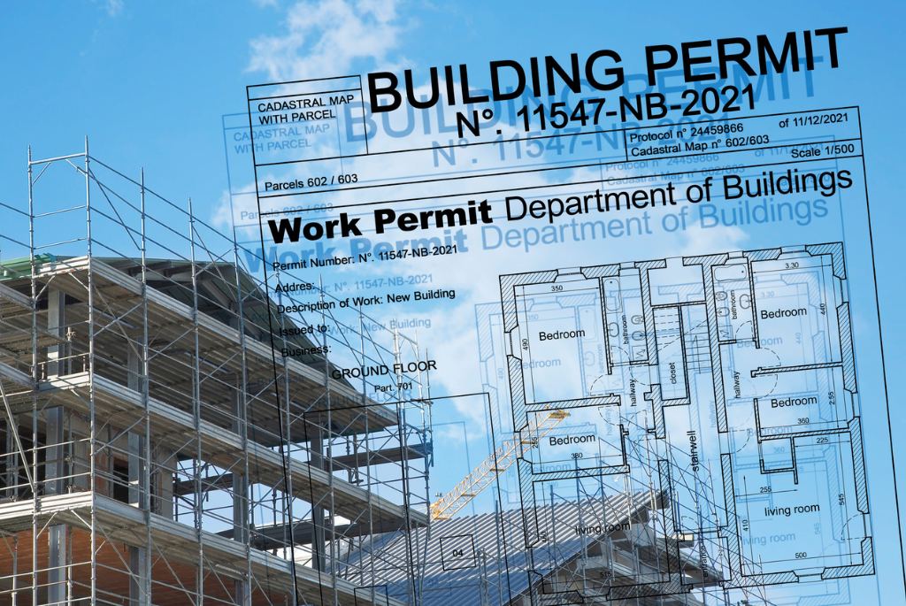 Building permit documents layered over a multifamily construction site with scaffolding and architectural floor plans.