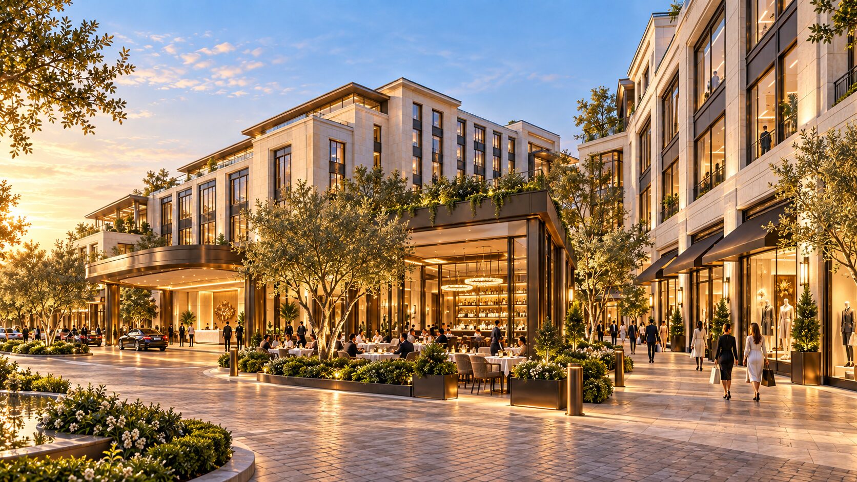 Mixed-use plaza with hotel, dining, and retail